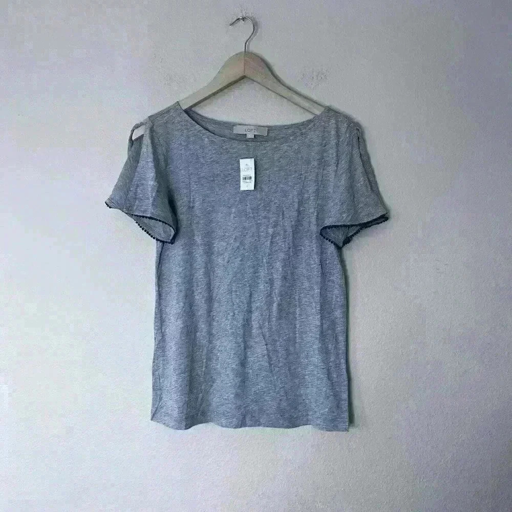 LOFT Gray Pullover Size Small Slit Sleeve Lightweight Black Grey Contemporary - Picture 2 of 6